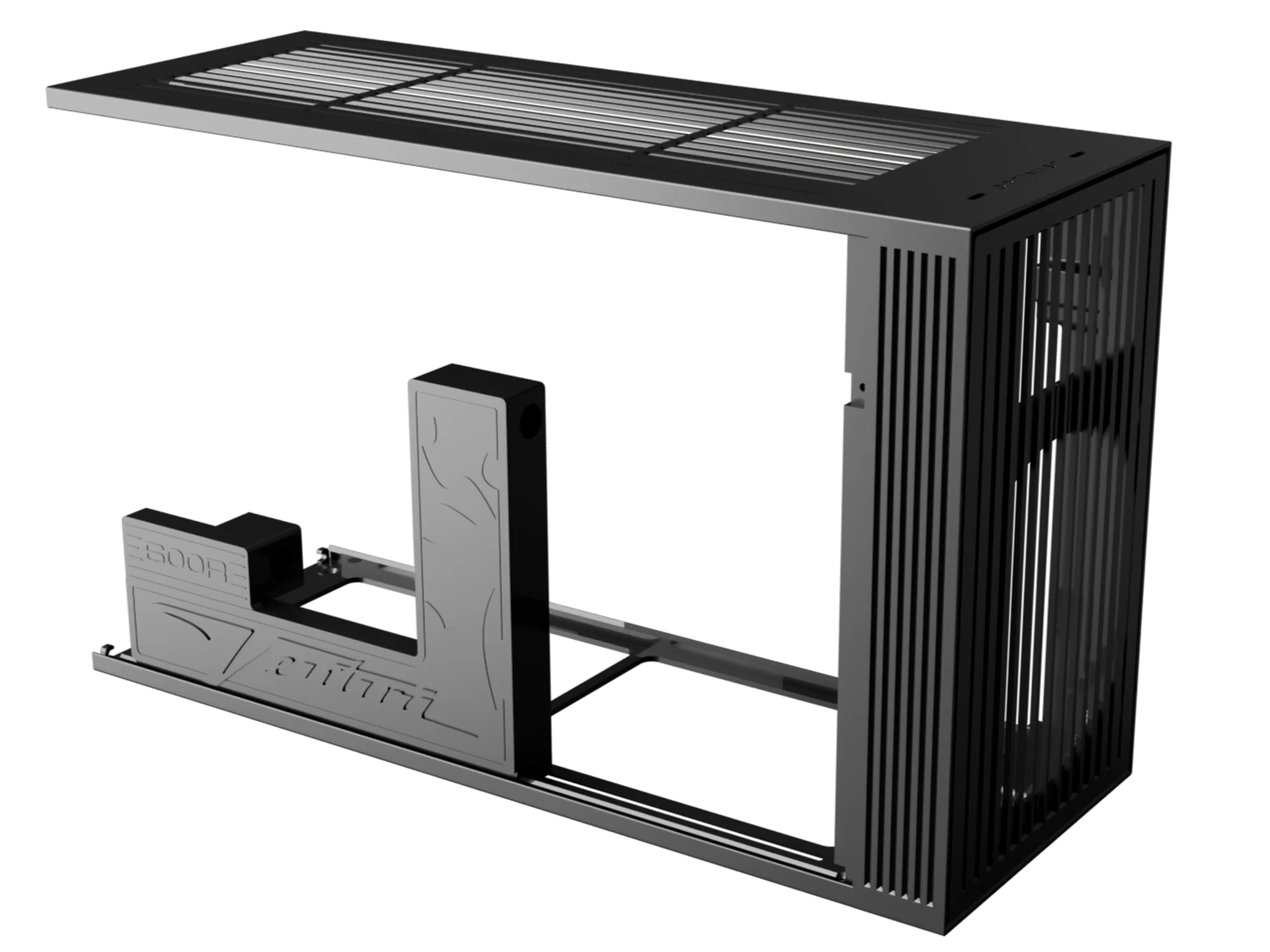 A bespoke Optimist open-frame chassis, rendered in machined aluminium