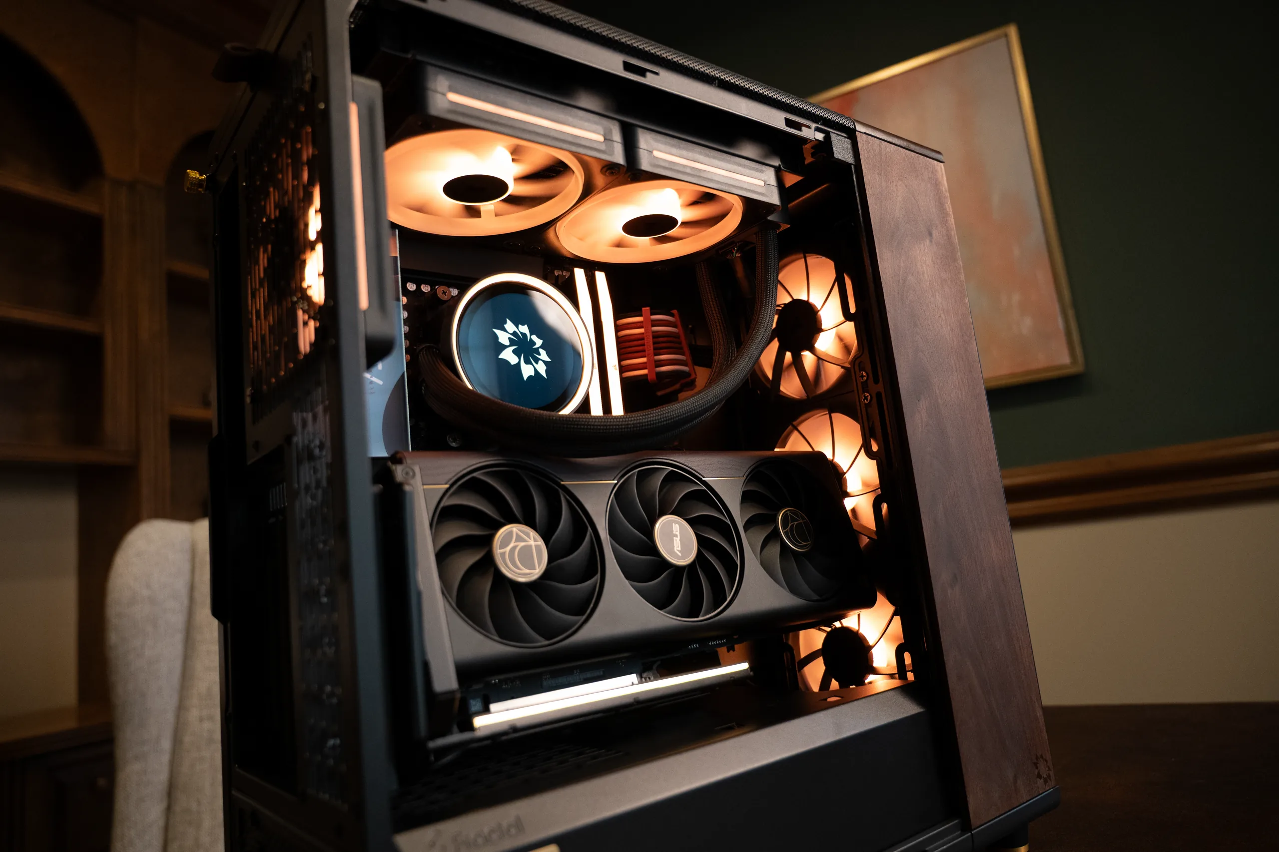The lit interior at an angle — fans, the loop, and the glowing mark