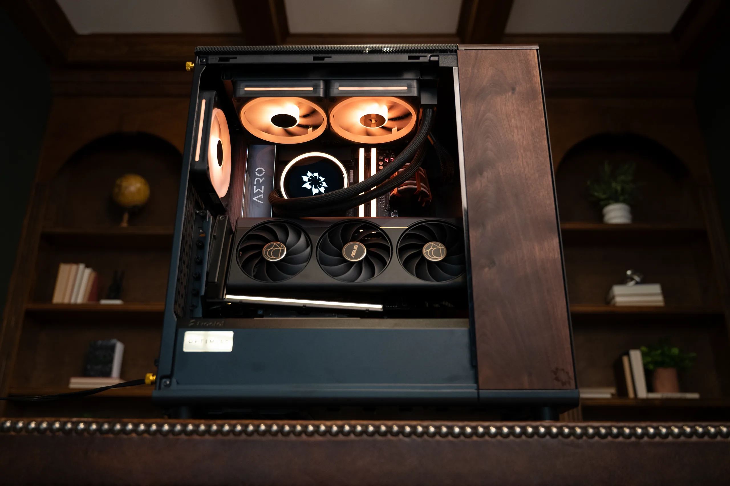 Looking down into the build — the cooling loop and the GPU
